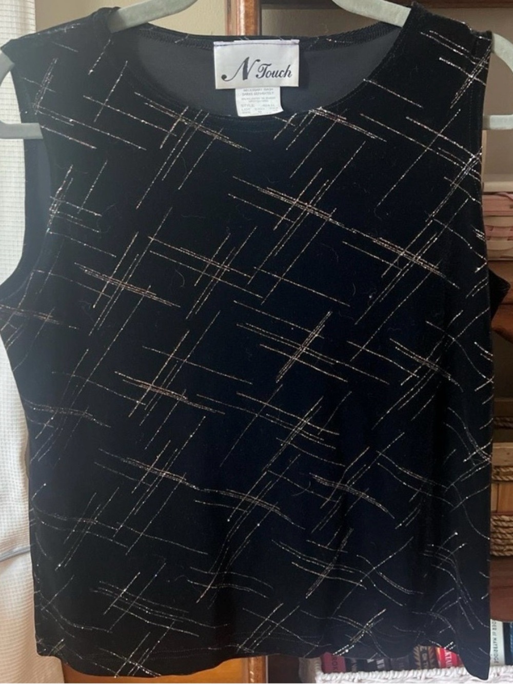 Vintage N Touch Black Velvet Sparkly Sleeveless Tank with Metallic Pattern